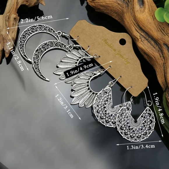 Boho Moon & Feather Hoop Earrings,Antique Silver Tone,3 Pairs Earrings Set - Picture 2 of 5